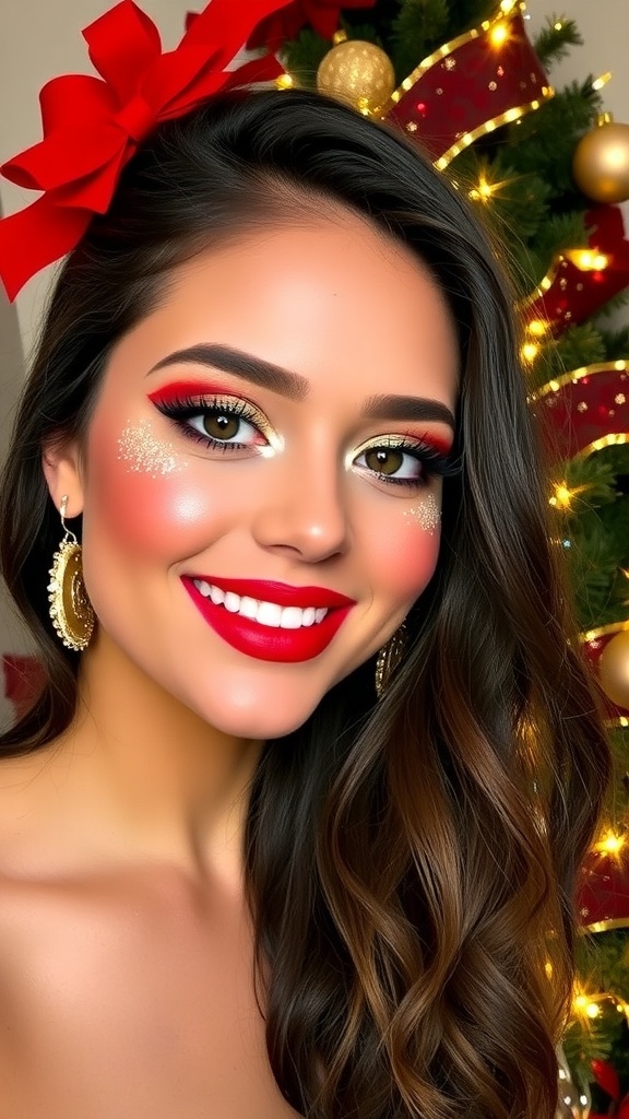 A festive Christmas makeup look with red lips and gold eyeshadow, set against a decorated Christmas tree.
